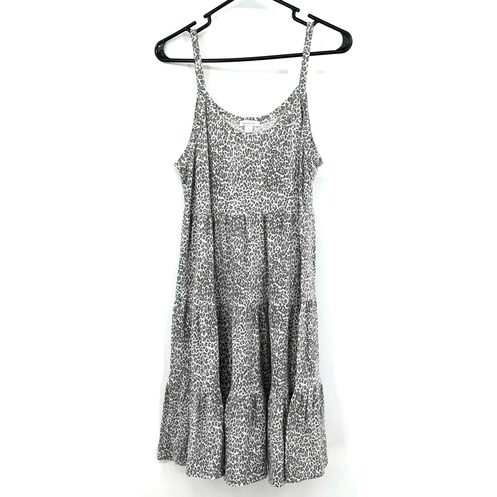 Garnet Hill size small sleeveless tiered dress white gray leopard print cotton‎